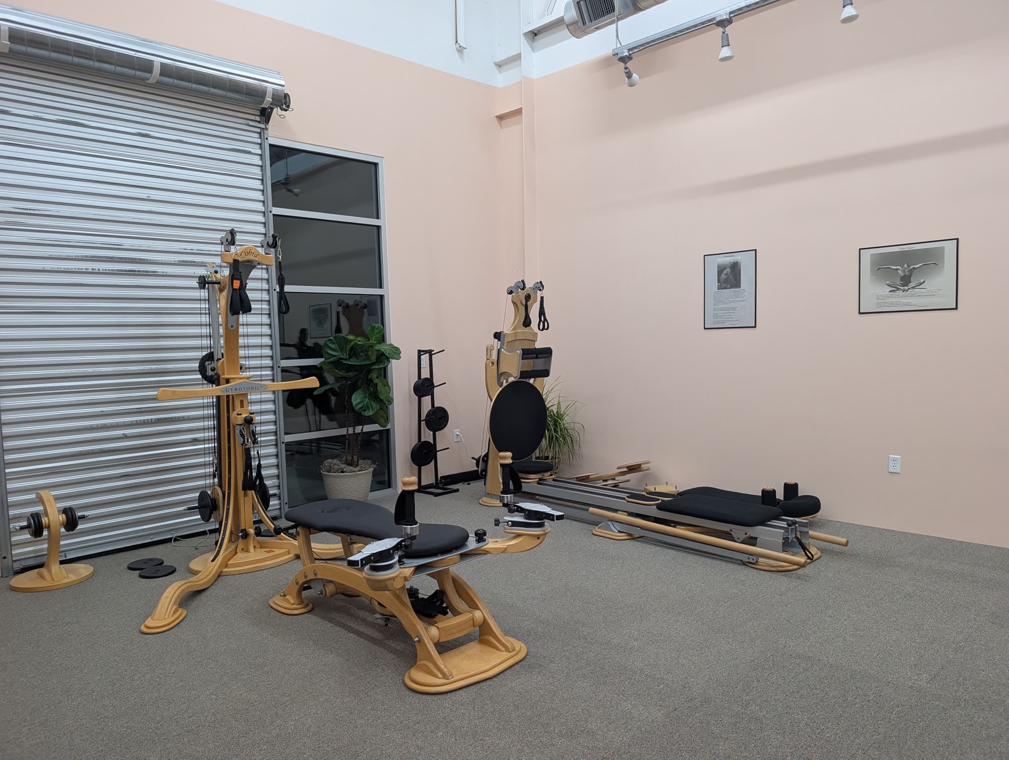 The Arch & Curl Studio interior, with peach walls and wooden Gyrotonic equipment